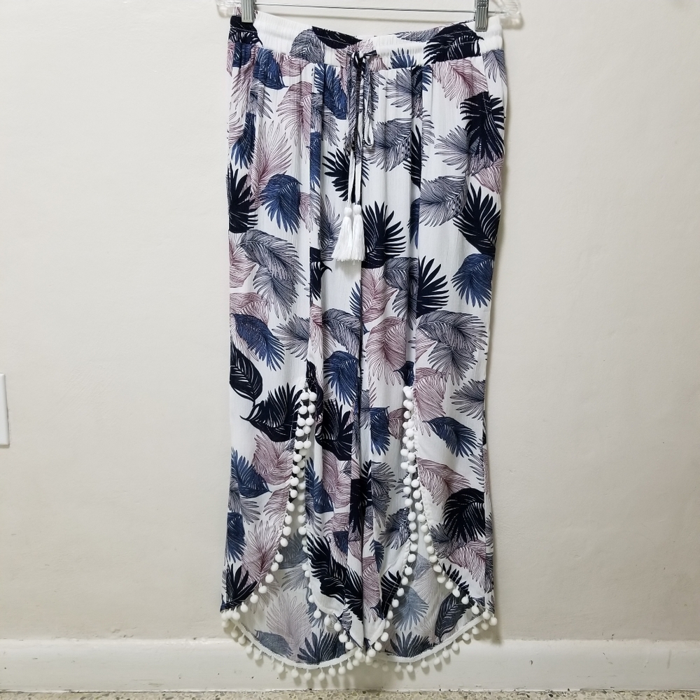 Solitaire Women Pants Swim Leaf Print Lounge Pajama Palazzo Pom Poms Botanical L